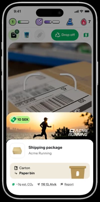 E-commerce shopper scanning a shipping waybill barcode in the Plovie recycling rewards app