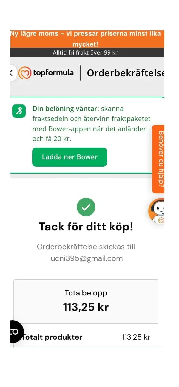Topformula — Orderbekräftelse, mobile