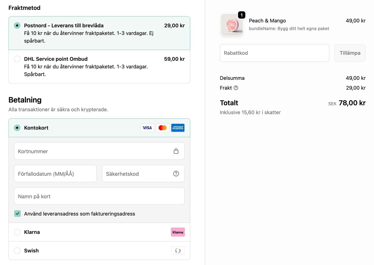 TIEL's checkout, with the reward shown under each shipping option